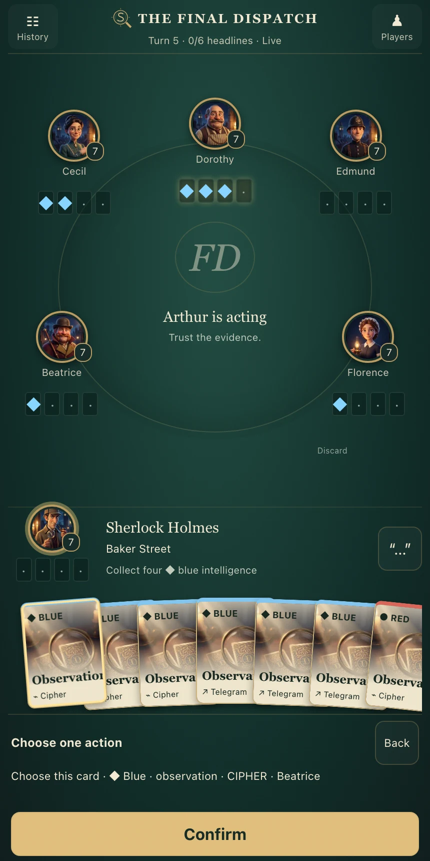 Game action panel showing legal decisions and a confirmation button